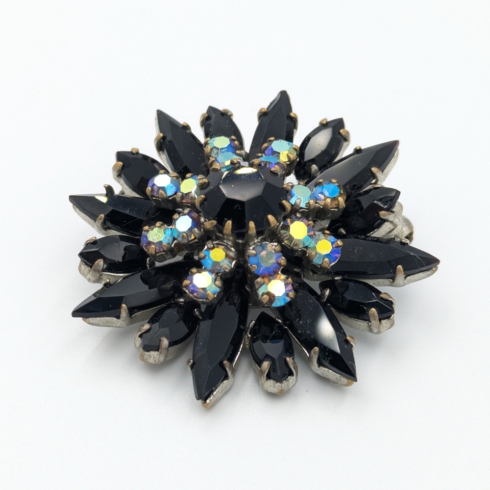 Vintage black glass and AB rhinestone starburst brooch pin
